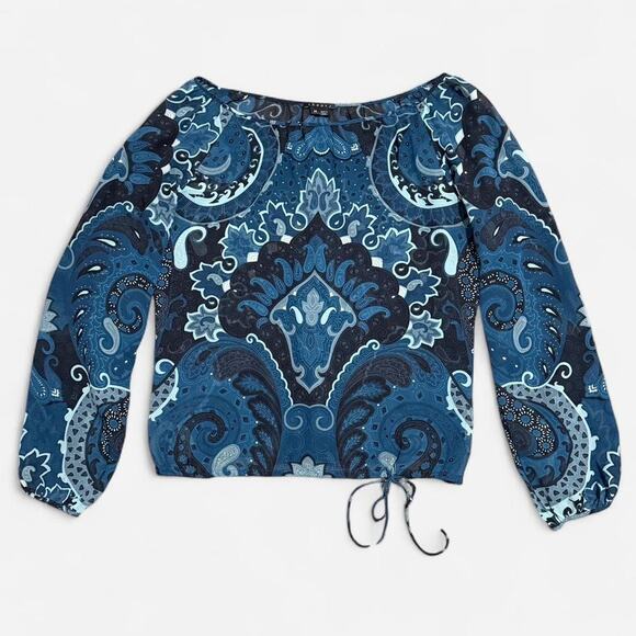 Theory Blue & Black Sheer 100% Silk Boho Paisley Pattern Long Sleeve Top M - Picture 6 of 8